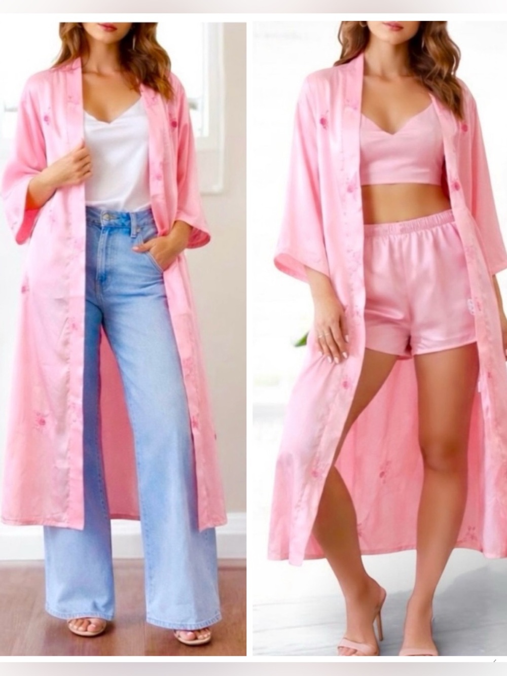 Vintage Silk Blend Satin Kimono Topper Robe Embroidered Pastel Pink Size Medium